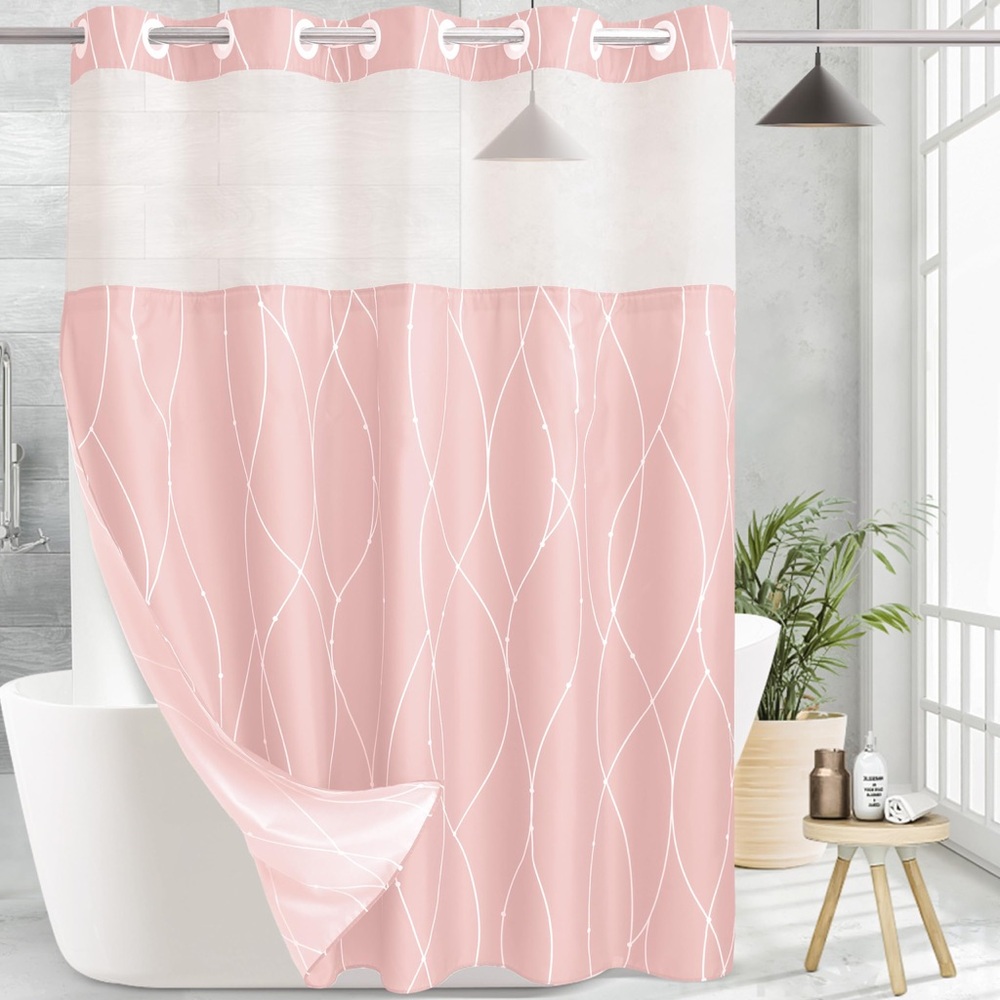 NEW Fabric Shower Curtain, Mesh Window Hook Free Removable Liner 71” W x 84” H